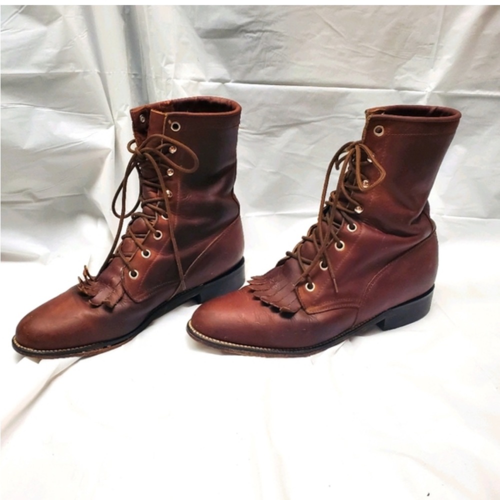VTG JUSTIN Cognac Leather Riding Rustic Lace up  Boot- womens 9.5-Men Sz 8